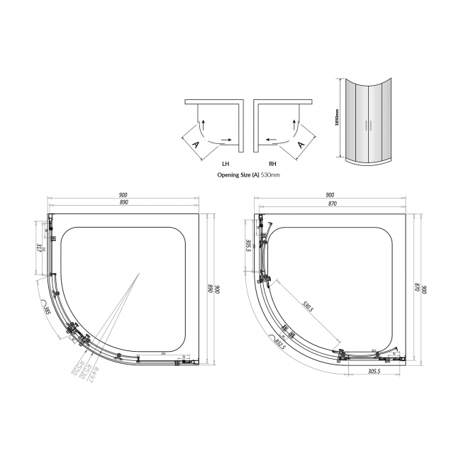 Orbit S6 Brushed Brass 2-Door Quadrant Shower Enclosure 900mm x 900mm - 6mm Glass