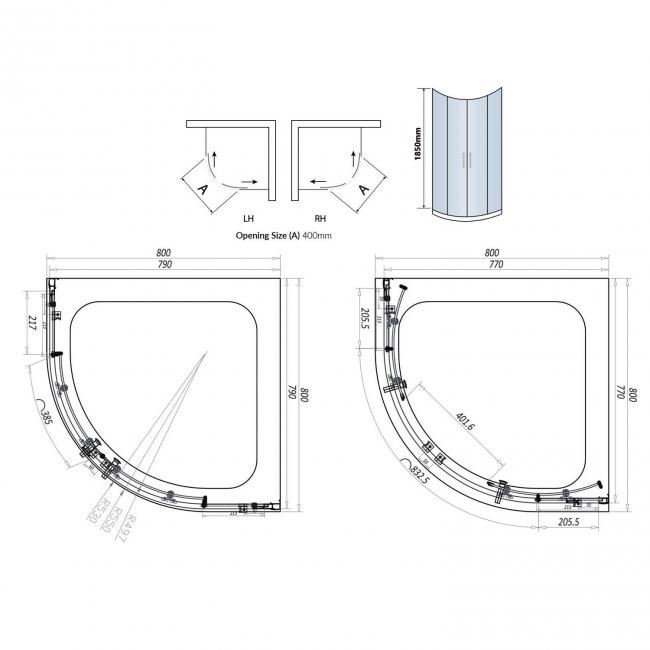 Orbit S6 Black 2-Door Quadrant Shower Enclosure 800mm x 800mm - 6mm Glass