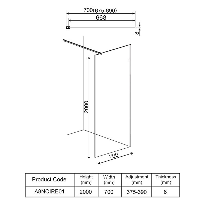 Orbit S8 Black Profile Wet Room Glass Panel 700mm Wide - 8mm Glass