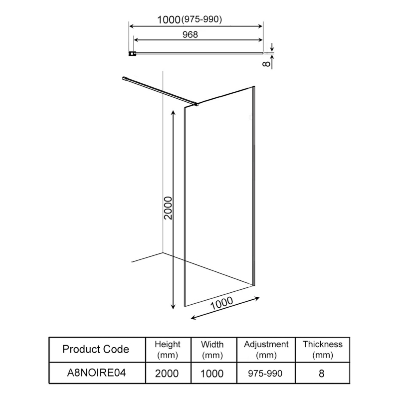 Orbit S8 Black Profile Wet Room Glass Panel 1000mm Wide - 8mm Glass