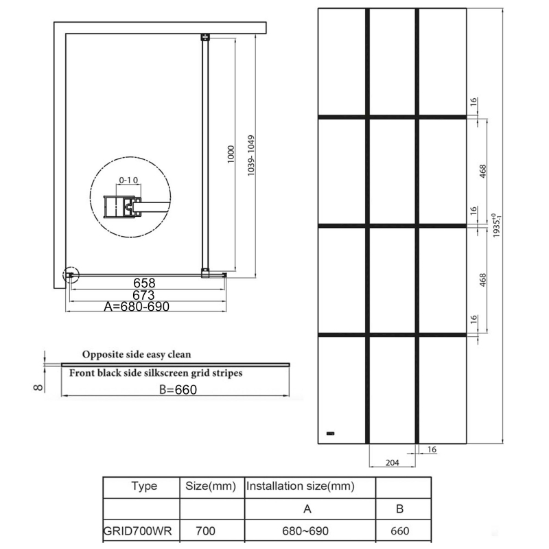 Orbit S8 Grid Wet Room Glass Panel 700mm Wide - 8mm Glass
