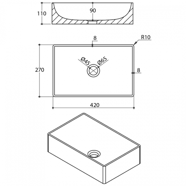 Orbit Sanctuary Rectangle Marble Basin 420mm Wide - Venato White