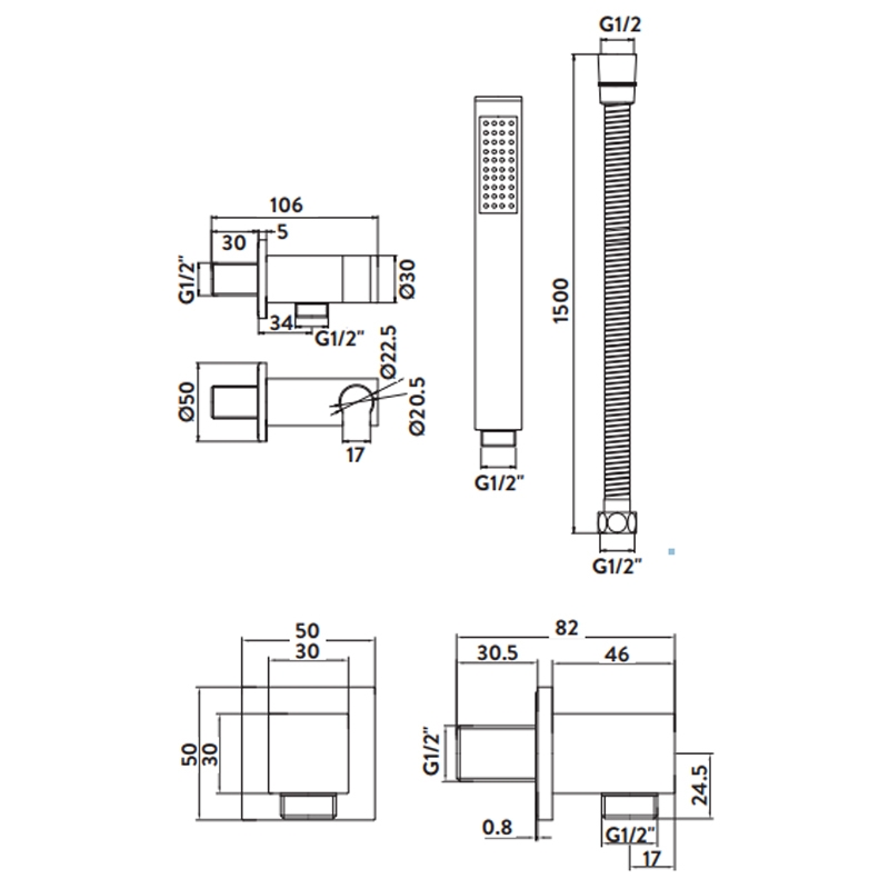 Orbit Square Shower Handset Single Function - Matt Black  | Dimension Image