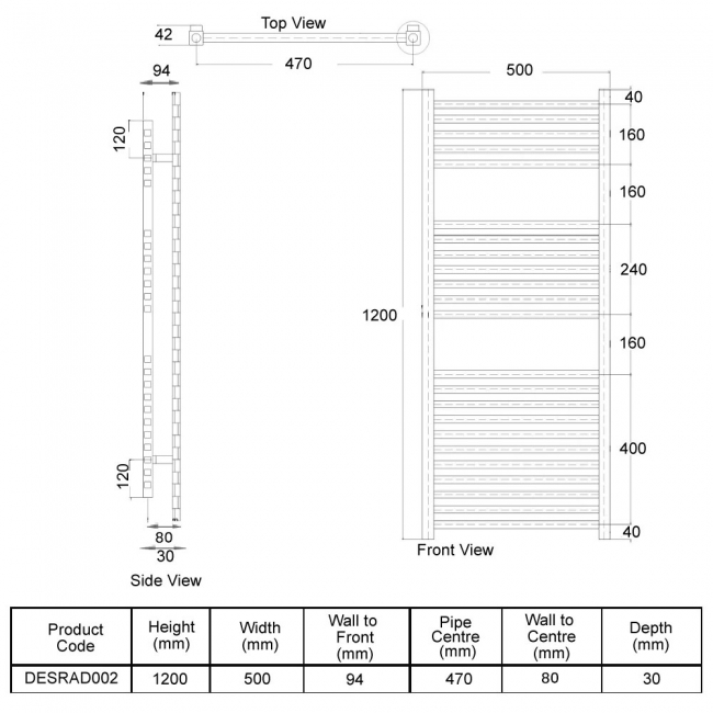 Orbit Simona Designer Heated Towel Rail 1200mm H x 500mm W - Chrome  | Dimension Image