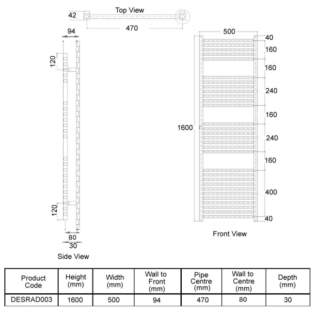 Orbit Simona Designer Heated Towel Rail 1600mm H x 500mm W - Chrome  | Dimension Image