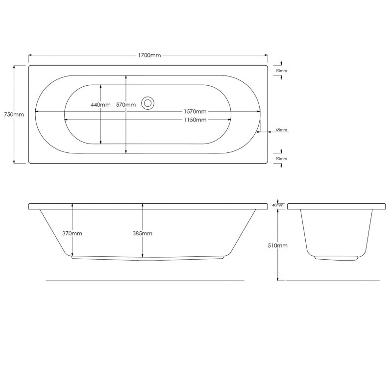 Orbit Cascade Double Ended Rectangular Bath 1700mm x 750mm - Acrylic