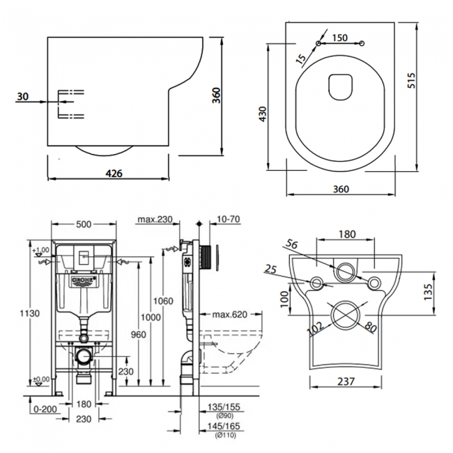 Orbit Solna Round Wall Hung Toilet 5-in-1 Bundle with Grohe Rapid SL Frame