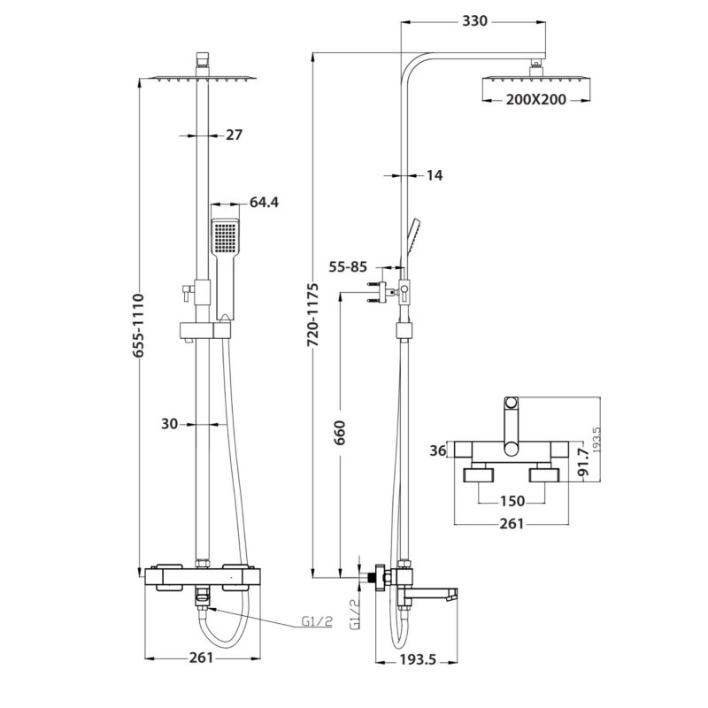 Orbit Squaro Thermostatic Rigid Riser Shower Kit with Bath Filler - Chrome