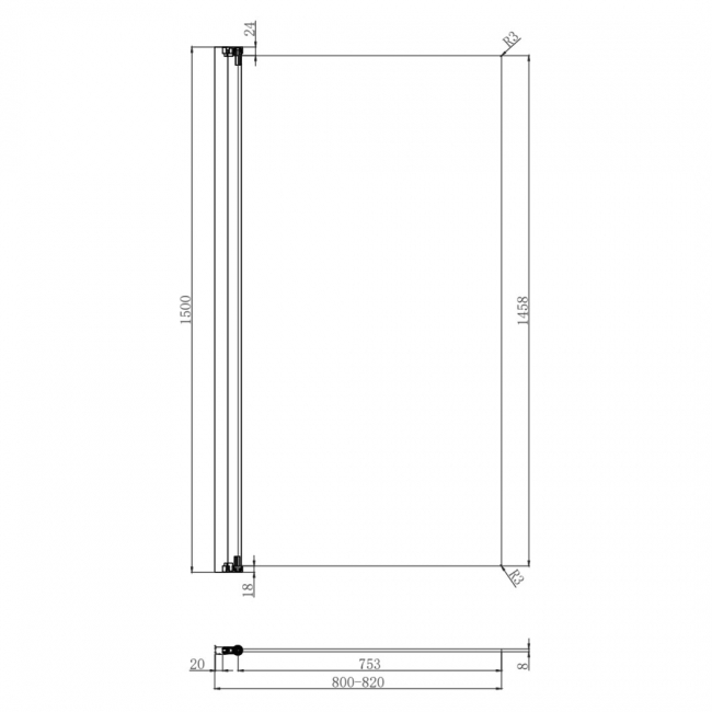 Orbit Thalia Black Single Panel Bath Screen 800mm x 1500mm - 8mm Glass  | Dimension Image