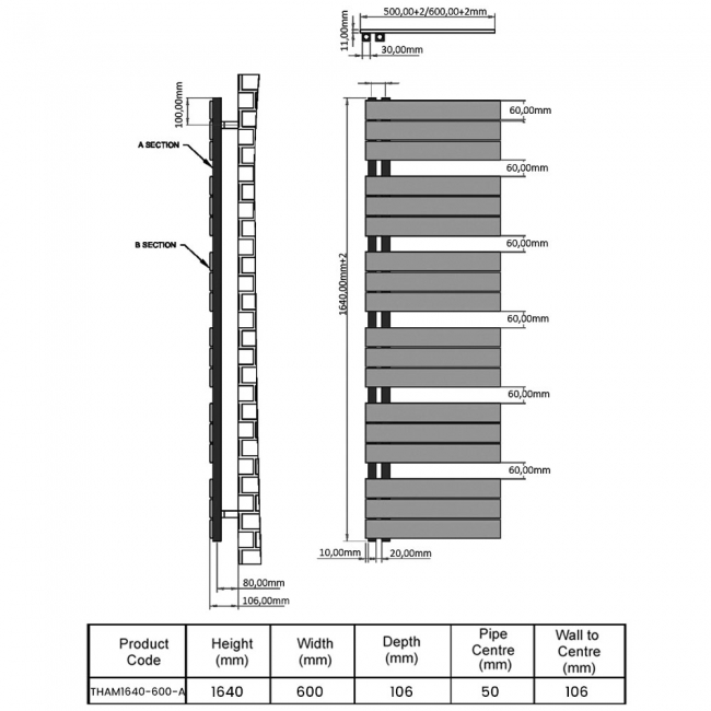 Orbit Thames Designer Heated Towel Rail 1640mm H x 600mm W - Carbon Anthracite