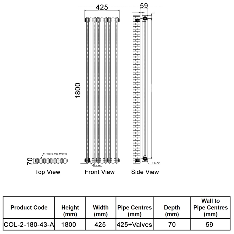 Orbit Noble 2-Column Designer Vertical Radiator 1800mm H x 425mm W - Anthracite  | Dimension Image
