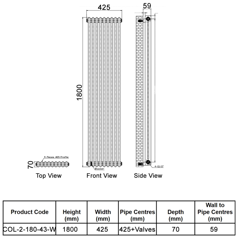 Orbit Noble 2-Column Designer Vertical Radiator 1800mm H x 425mm W - Gloss White