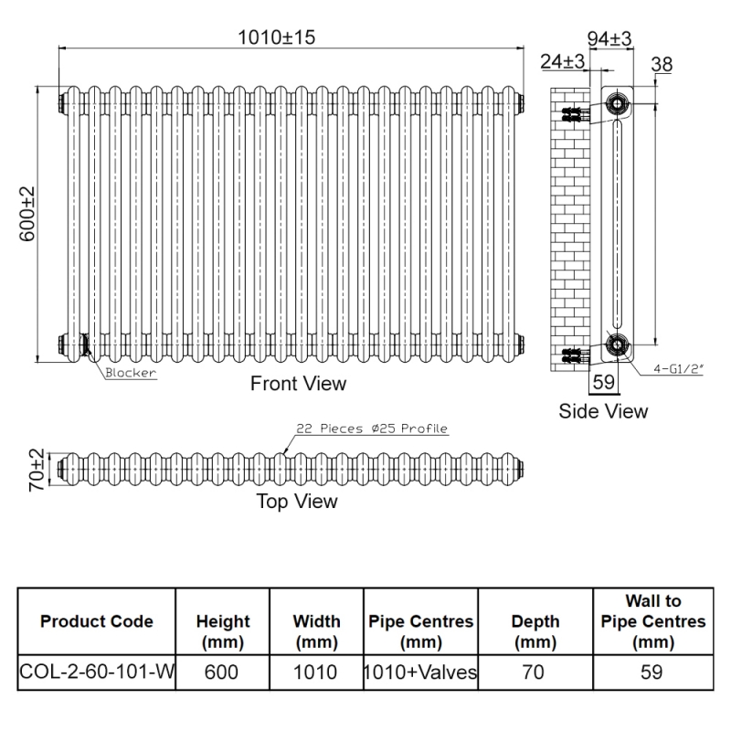 Orbit Noble 2-Column Radiator | Gloss White | 600mm x 1010mm