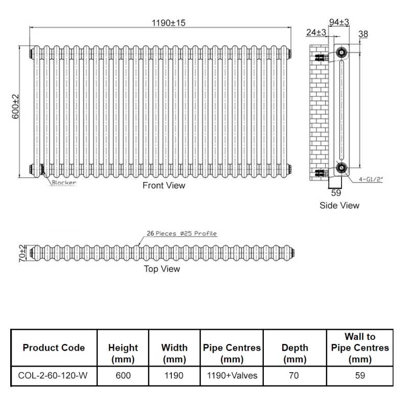 Orbit Noble 2-Column Designer Horizontal Radiator 600mm H x 1190mm W - Gloss White  | Dimension Image
