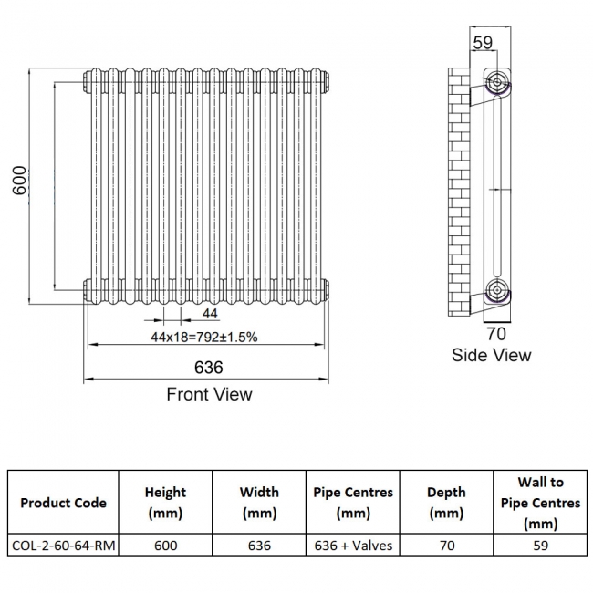 Orbit 2 Column Designer Horizontal Radiator 600mm H x 636mm W - Raw Metal