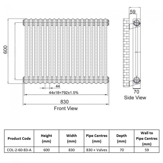 Orbit 2 Column Designer Horizontal Radiator 600mm H x 830mm W - Anthracite
