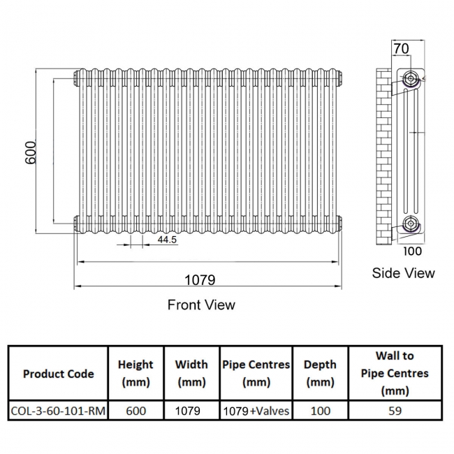 Orbit 3 Column Designer Horizontal Radiator 600mm H x 1010mm W - Raw Metal