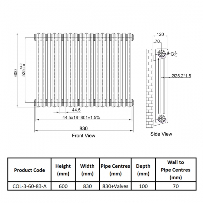 Orbit 3 Column Designer Horizontal Radiator 600mm H x 830mm W - Anthracite
