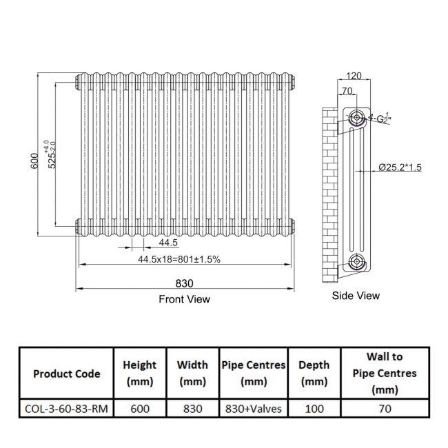 Orbit 3 Column Designer Horizontal Radiator 600mm H x 830mm W - Raw Metal