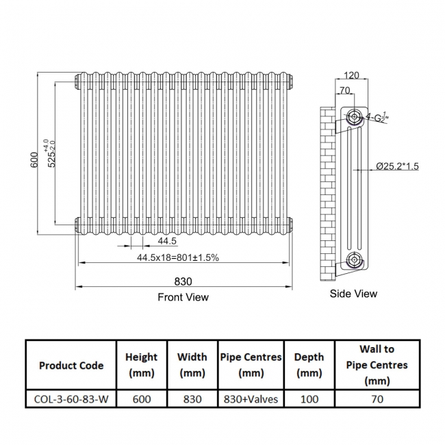 Orbit 3 Column Designer Horizontal Radiator 600mm H x 830mm W - Gloss White