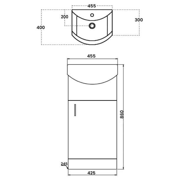 Orbit Verona Floor Standing 1-Door Vanity Unit with Basin 455mm Wide - Gloss White