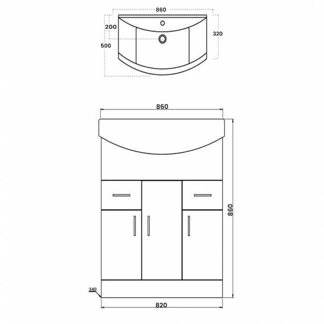 Orbit Verona Floor Standing 3-Door and 2-Drawer Vanity Unit with Basin 860mm Wide - Gloss White