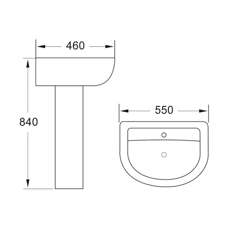 Orbit Viva Basin with Full Pedestal 550mm Wide - 1 Tap Hole