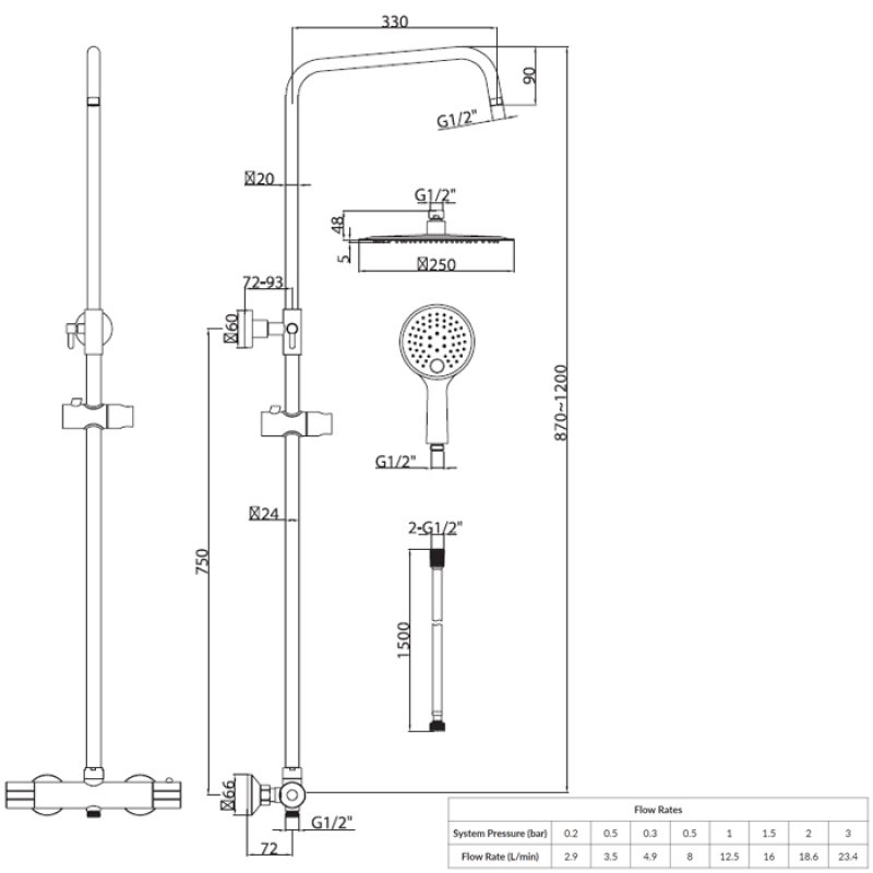 Orbit Vizion Curved Thermostatic Bar Mixer Shower with Shower Kit and Fixed Head - Chrome