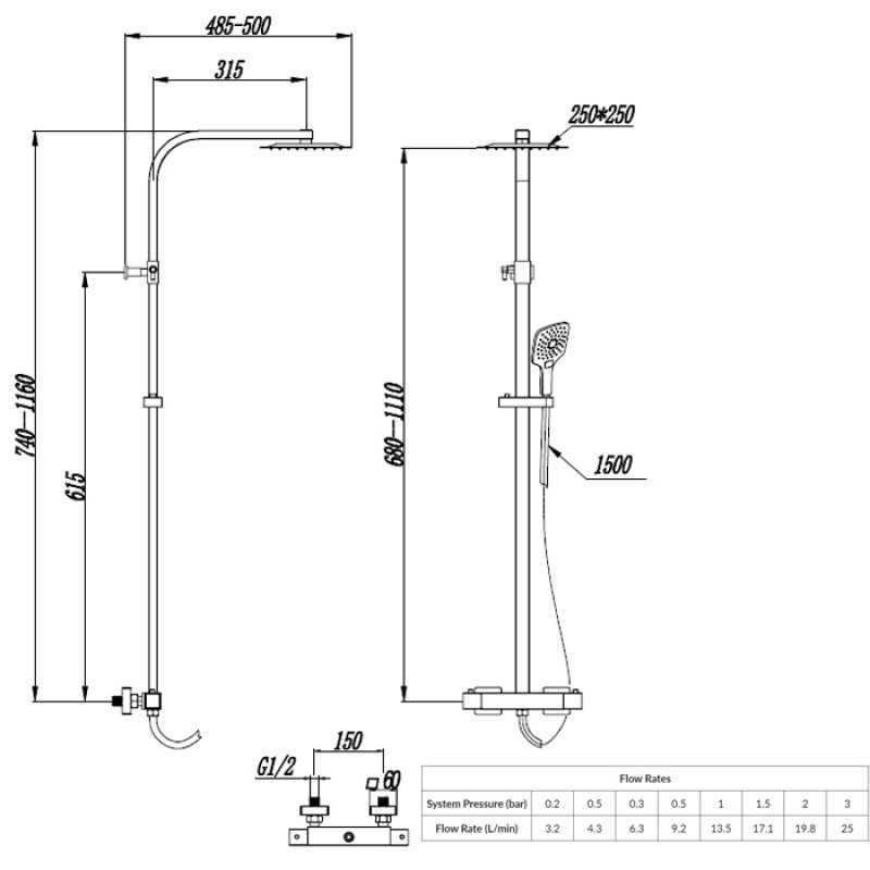 Orbit Vizion Square Thermostatic Bar Mixer Shower with Shower Kit and Fixed Head - Chrome