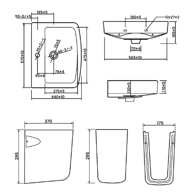 Orbit Vola Basin with Semi Pedestal 570mm Wide - 1 Tap Hole