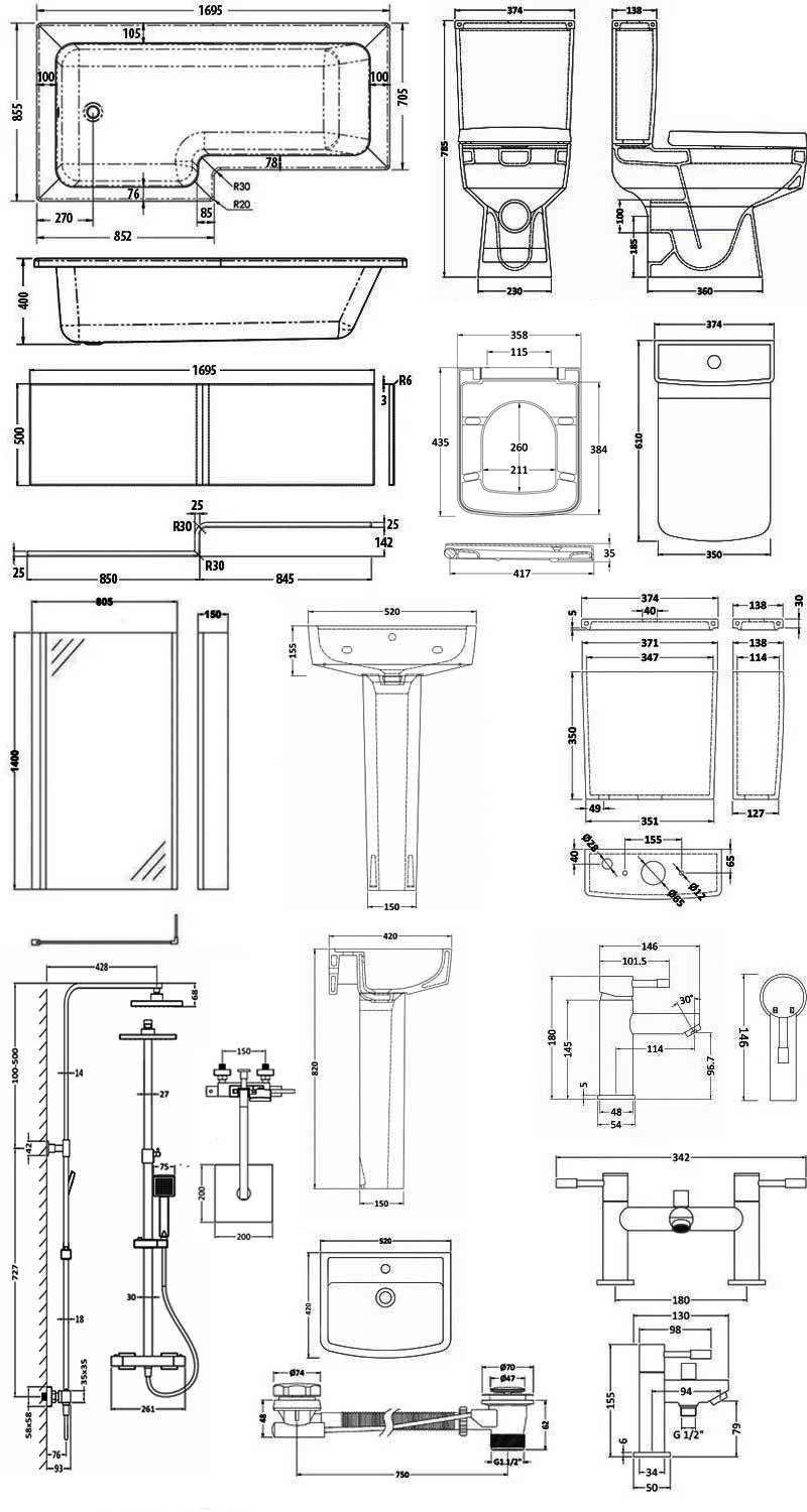 Bliss Modern Complete Bathroom Suite with L-Shaped Bath 1700mm - Right Handed