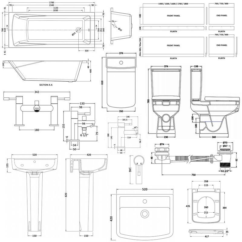 Linton Modern Complete Bathroom Suite with Single Ended 1700mm X 700mm Bath  | Dimension Image