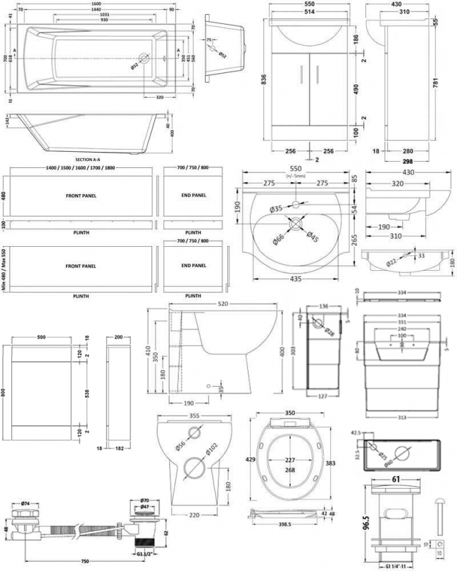 Linton Modern Complete Bathroom Furniture Suite with Single Ended 1600mm X 700mm Bath