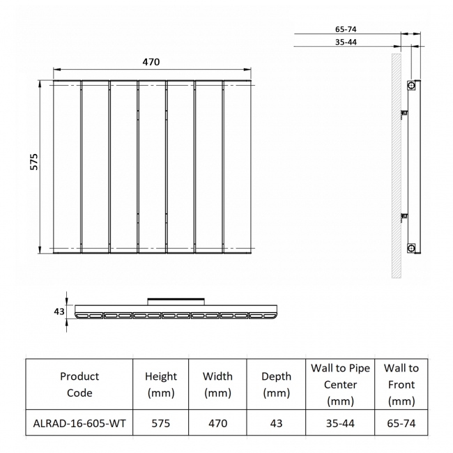 Prestige Allegro Single Horizontal Aluminium Radiator 575mm H x 470mm W - White  | Dimension Image
