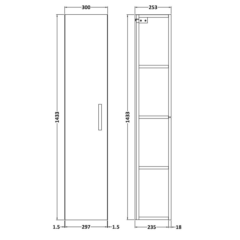 Nuie Athena Wall Hung 1-Door Tall Unit 300mm Wide - Gloss Grey Mist