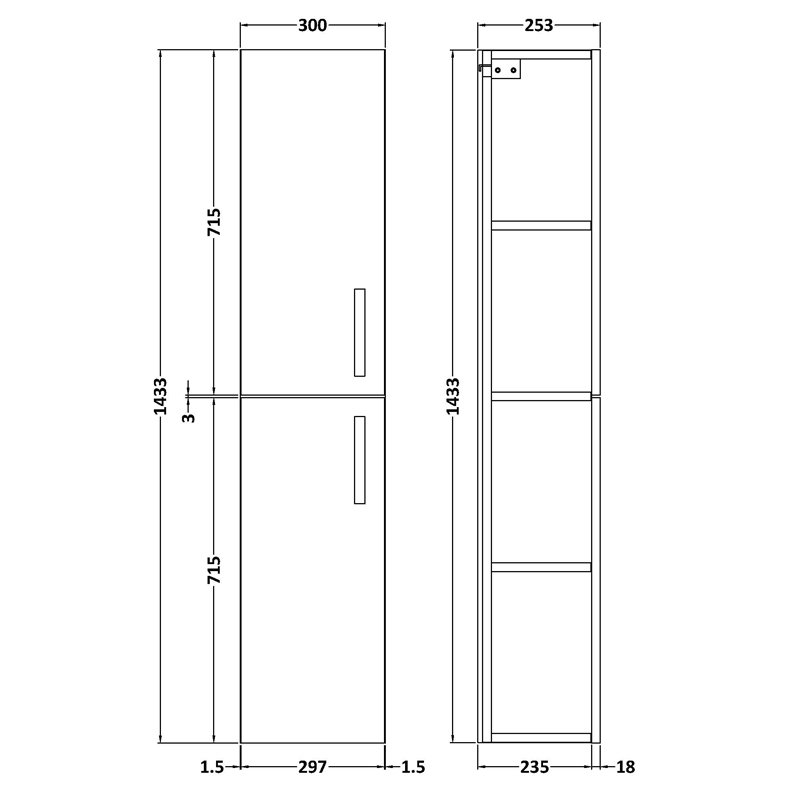 Nuie Athena Wall Hung 2-Door Tall Unit 300mm Wide - Anthracite Woodgrain