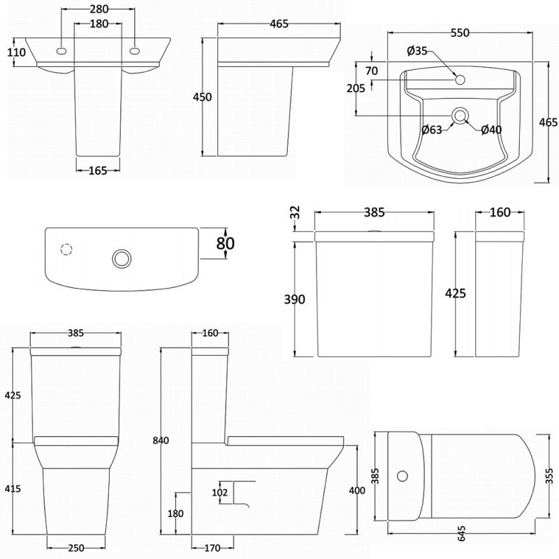 Nuie Clara Bathroom Suite Close Coupled Toilet and Basin 550mm - 1 Tap Hole
