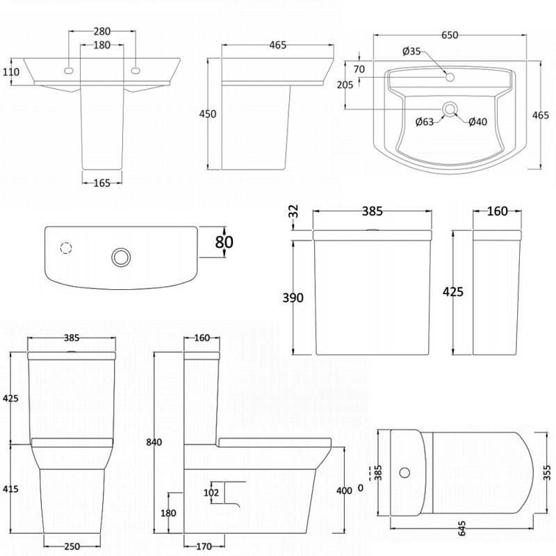 Nuie Clara Bathroom Suite Close Coupled Toilet and Basin 650mm - 1 Tap Hole
