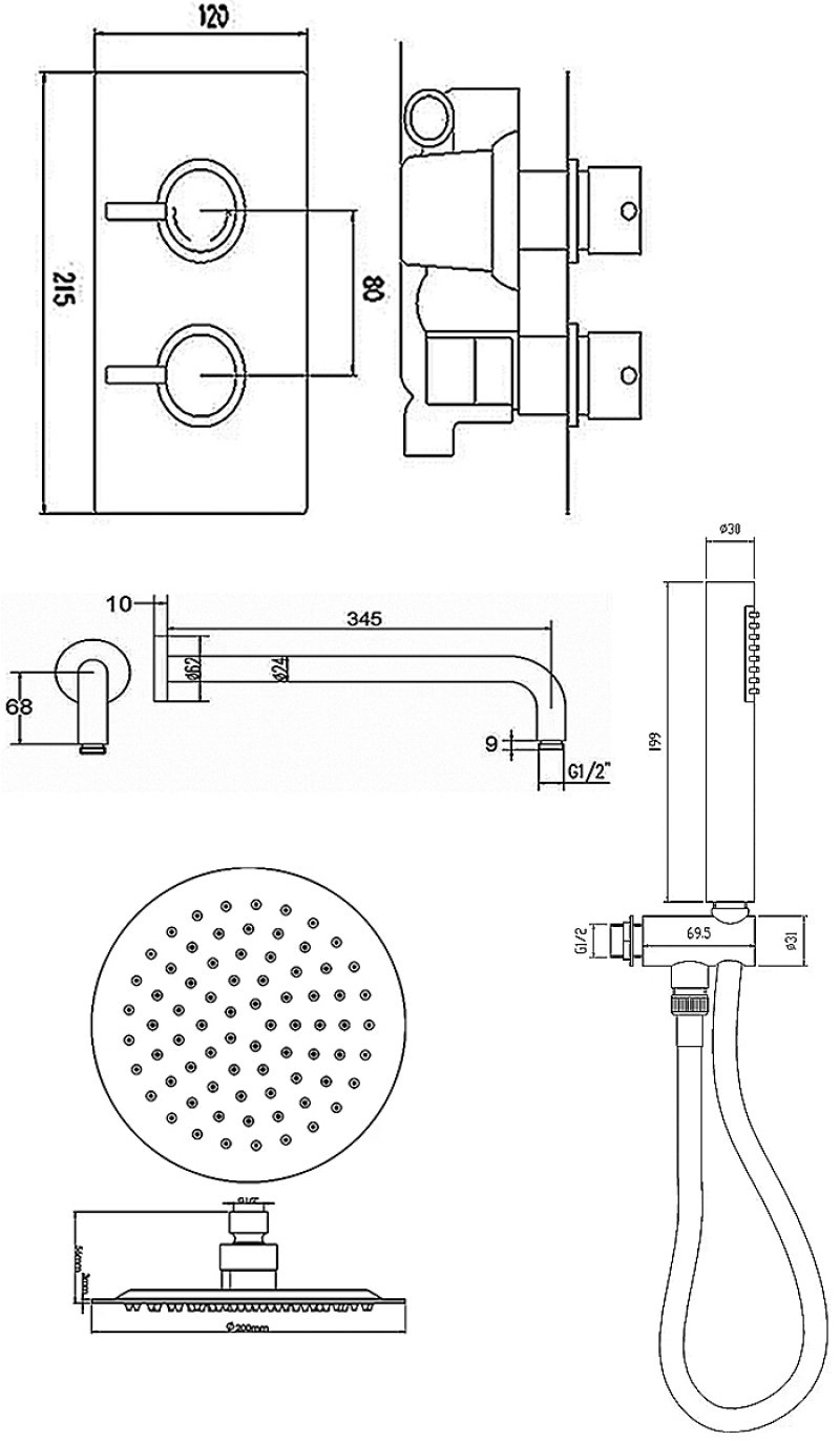 Nuie Rectangular Twin Valve Concealed Mixer Shower with Round Fixed Head and Handset