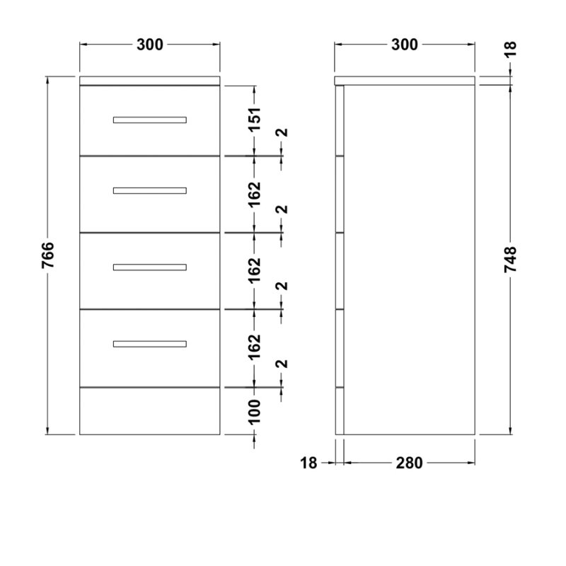 Nuie Mayford 4-Drawer Unit 300mm Wide x 300mm Deep - Gloss White