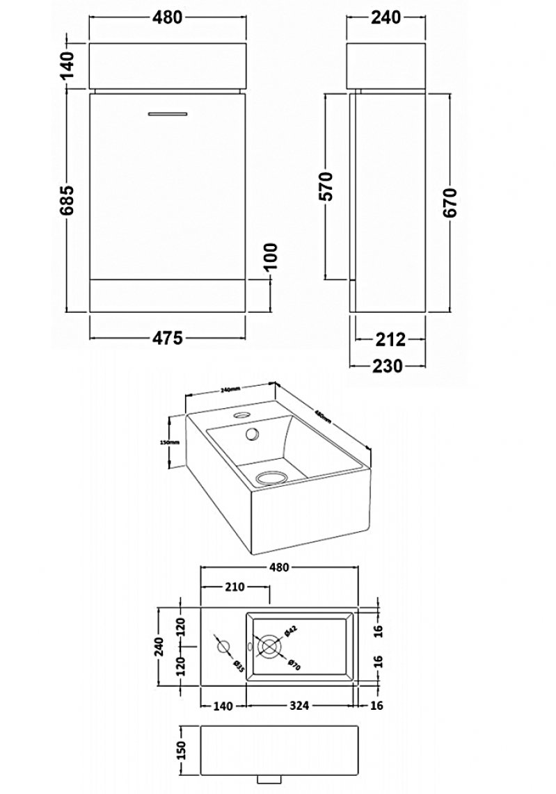 Nuie Mayford Floor Standing 1-Door Vanity Unit with Basin 480mm Wide - White