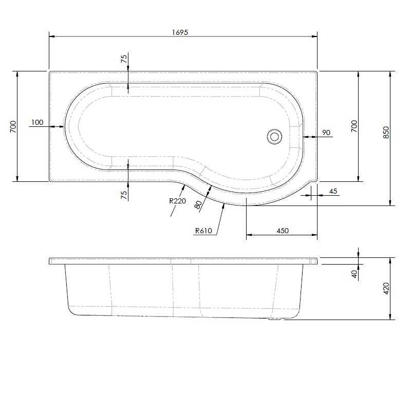 Nuie P-Shaped Shower Bath 1700mm x 700mm/850mm - Right Handed