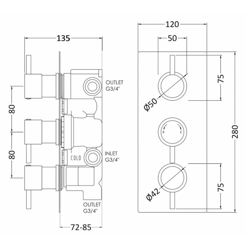 Nuie Quest Concealed Triple Handle Shower Valve With Diverter - Chrome