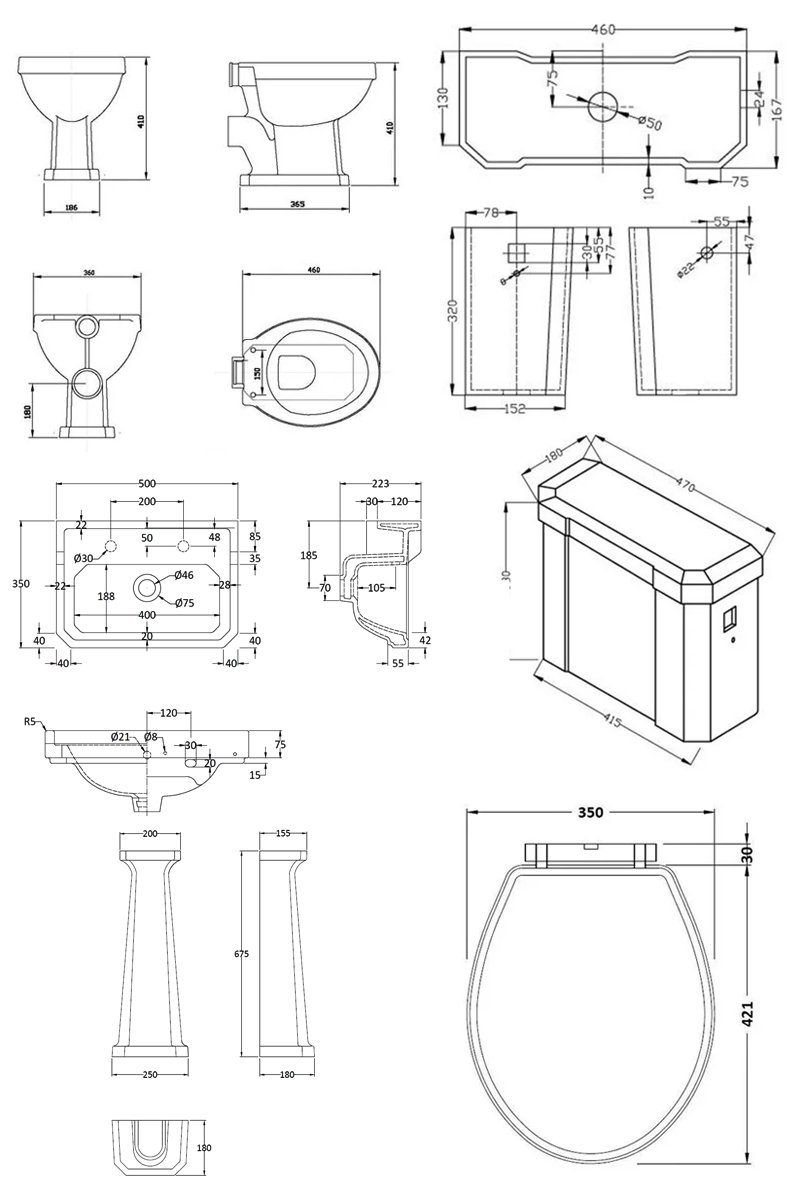 Nuie Richmond Traditional Bathroom Suite High Level Toilet 500mm Basin - 2 Tap Hole