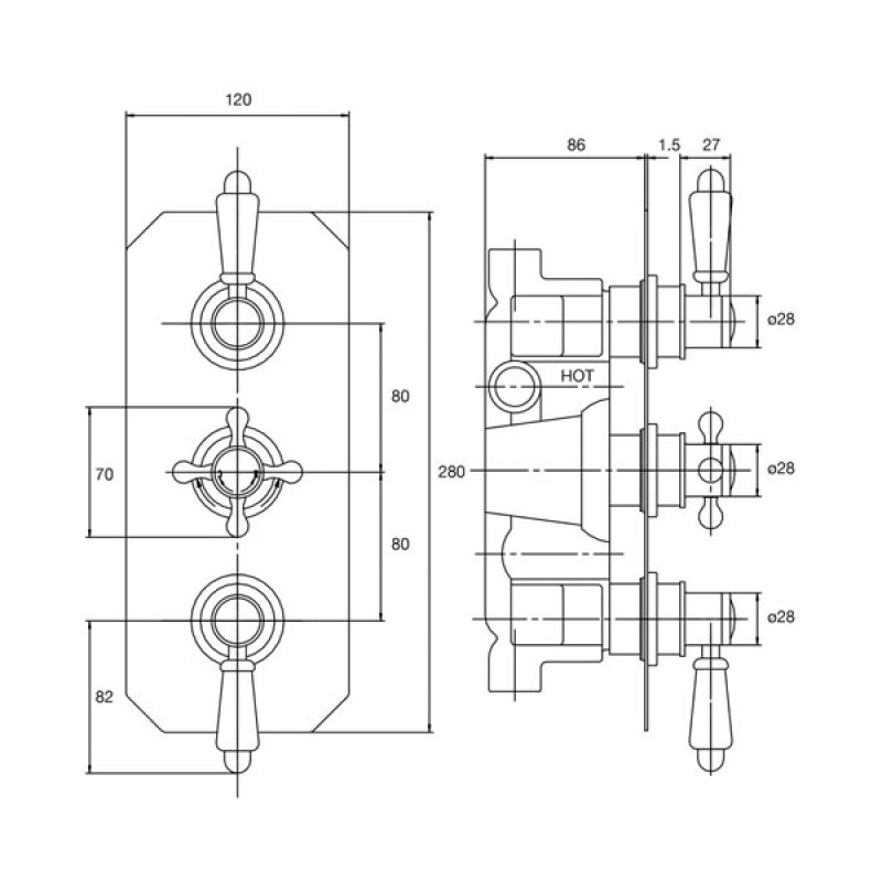Nuie Victorian Concealed Thermostatic Shower Valve Triple Handle - Chrome