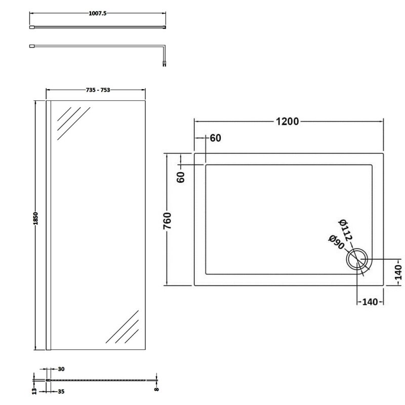 Nuie Walk-In Shower Enclosure 1200mm x 760mm (440mm Entry Width) with Tray