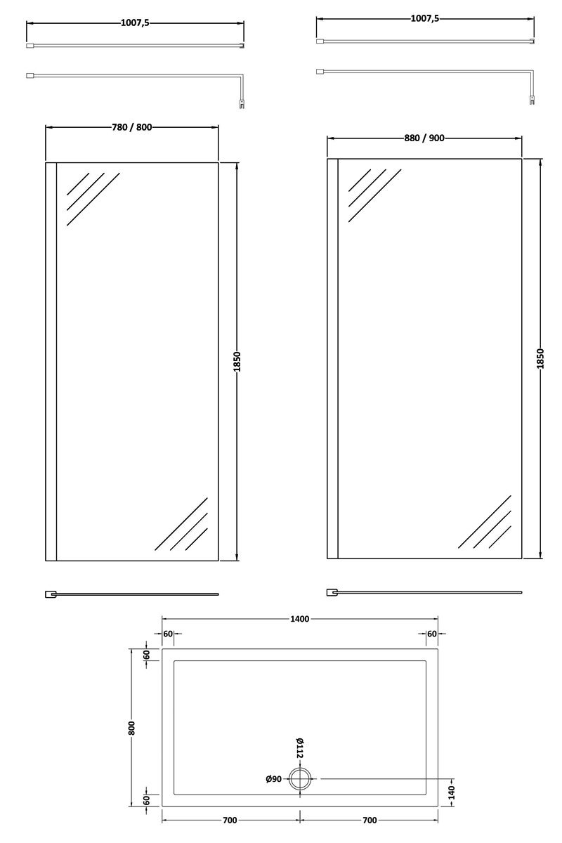Nuie WalkIn Enclosure 1400mm x 800mm 8mm WRSC090+WRSC080+NTP033