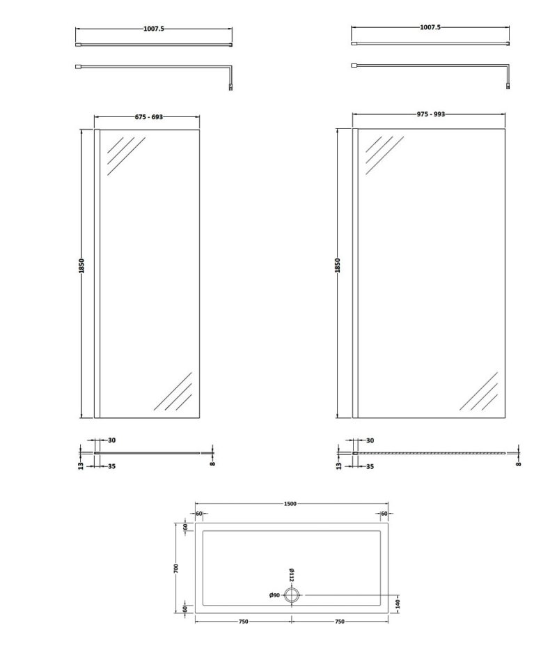 Nuie Walk-In Shower Enclosure 1500mm x 700mm (1000mm+700mm Glass) with Tray