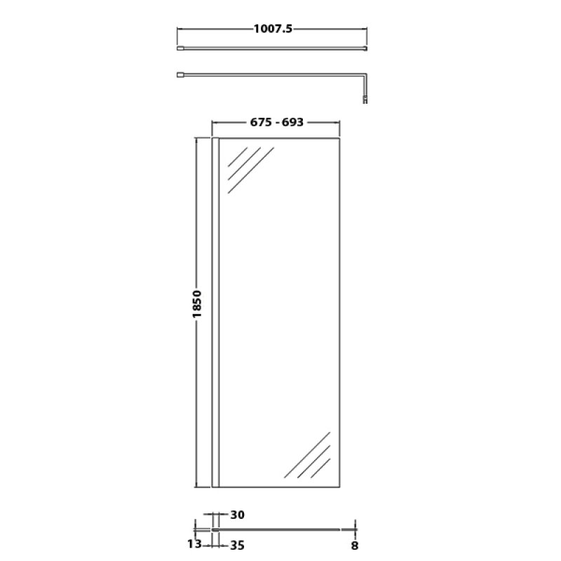 Nuie Wet Room Screen 1850mm x 700mm Wide with Support Bar 8mm Glass - Chrome