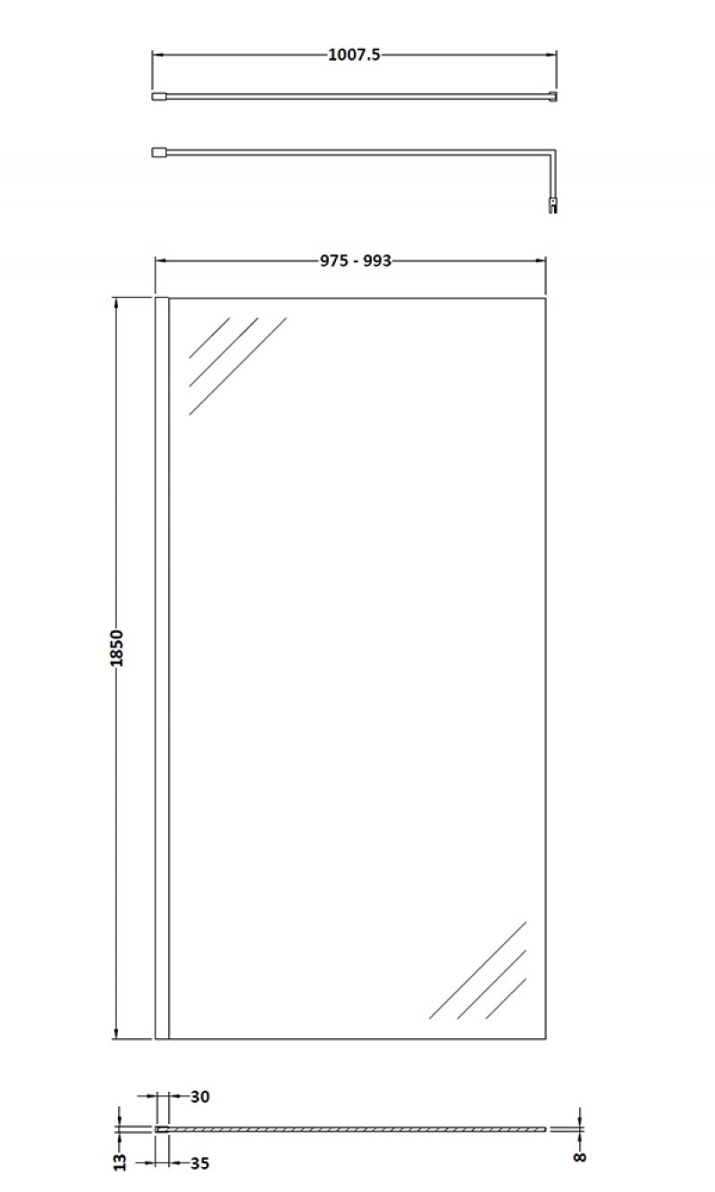 Nuie Wet Room Screen 1850mm x 1000mm Wide with Support Bar 8mm Glass - Chrome